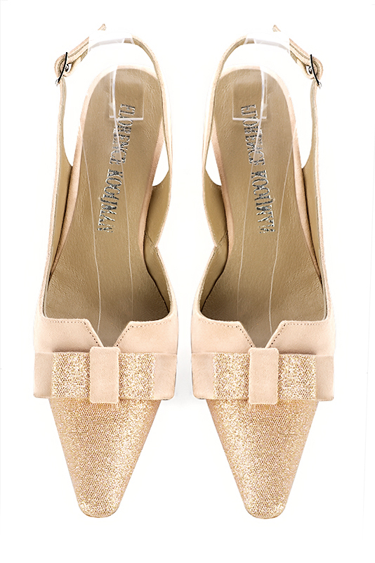 Powder pink women's open back shoes, with a knot. Tapered toe. Medium comma heels. Top view - Florence KOOIJMAN